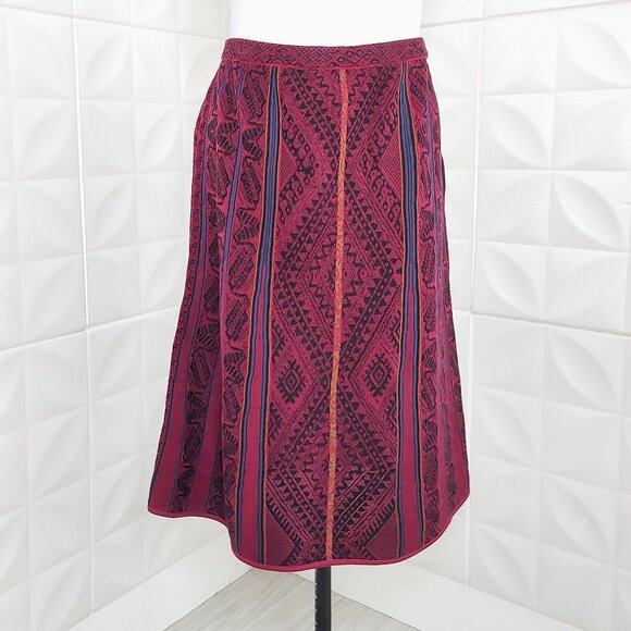 Red Knit Skirt Aztec Midi A-Line Pima Cotton Stretch Fall XL Peruvian Connection - Picture 3 of 9